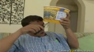 Creepy nerd puts his cock in the popcorn bucket