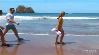 Vintage brunette Nikki Montana has MMF threesome on the beach
