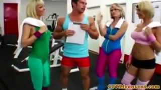 Three lovely chicks suck a dudes cock after gym