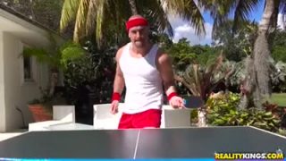 Blonde girl sucks and fucks on the tennis table