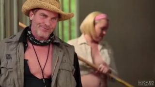 Blonde babe mouth fucked by cowboys