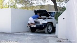 Slim teen fucked on the hood of his car