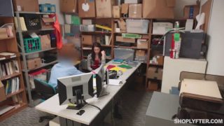 Brunette teen strips in front of security guard