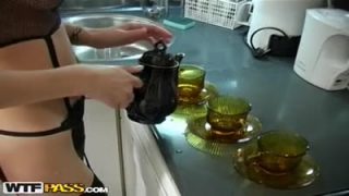 Double penetration in the kitchen for young Nadya