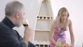 Blonde teen babe rides an old dick