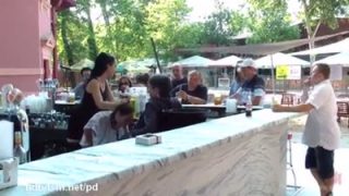 Sexy slave girl gets punished outdoor at a bar