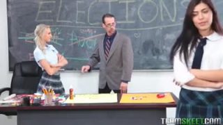 Two beautiful schoolgirls suck and fuck their teacher