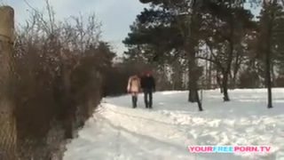 Hot blonde chick has sex in the snow