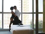 Gorgeous brunette with a leash and stockings making the best porn teasing blowjob
