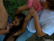 Hot teen gets to suck a boys dick blowjob in threesome woods at camp
