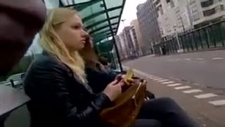 Public masturbation next to a blonde in the bus stop