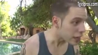 Shemale cheerleader Celeste and one lucky cock